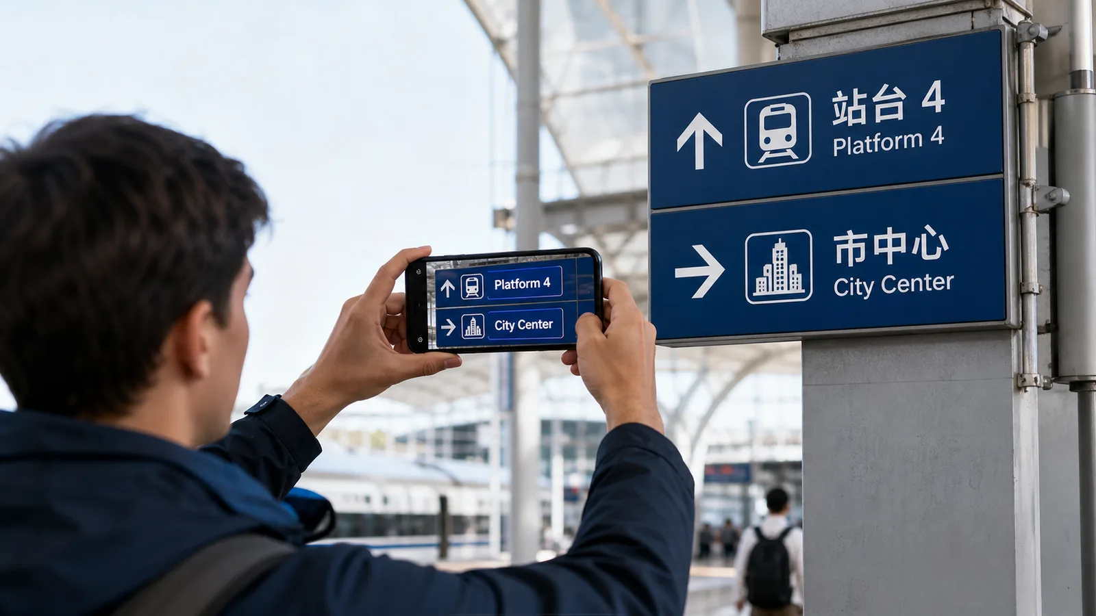 Traveler using a phone to translate image text on a train station sign