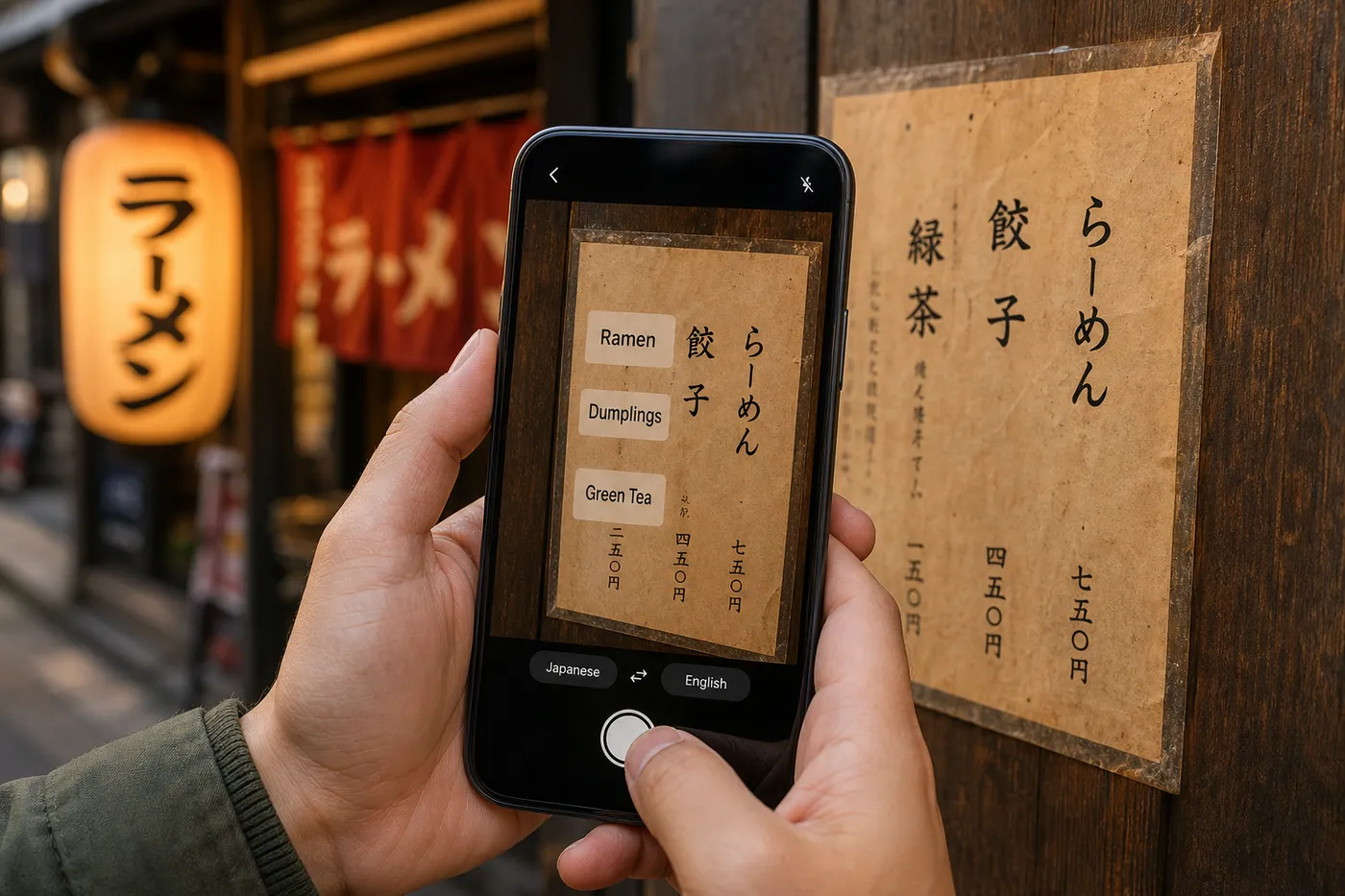 Phone camera translating a Japanese restaurant menu into English