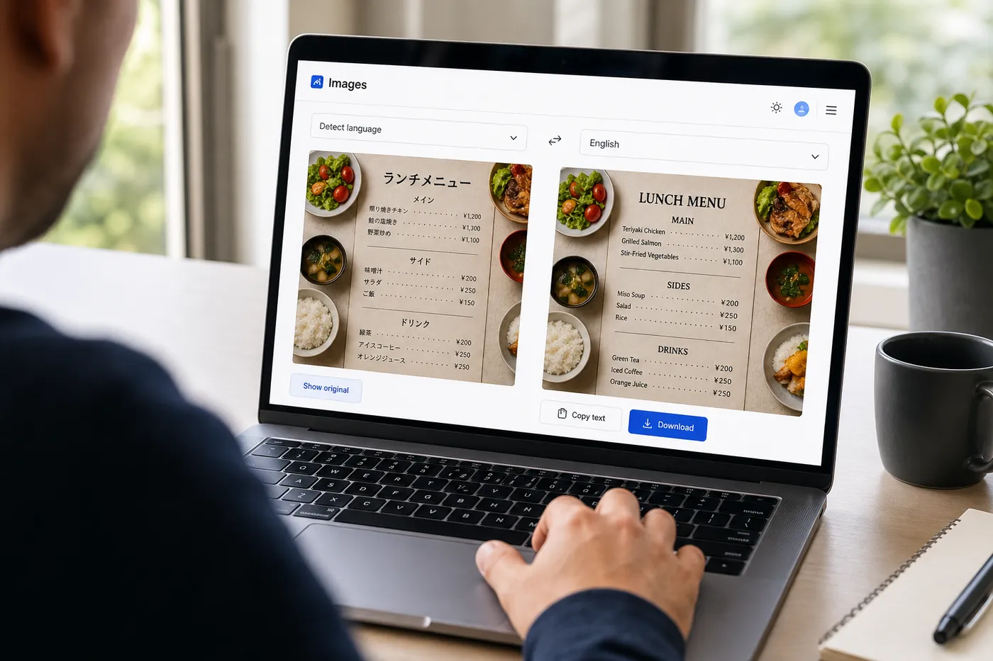Desktop browser showing an uploaded menu image and its English translation