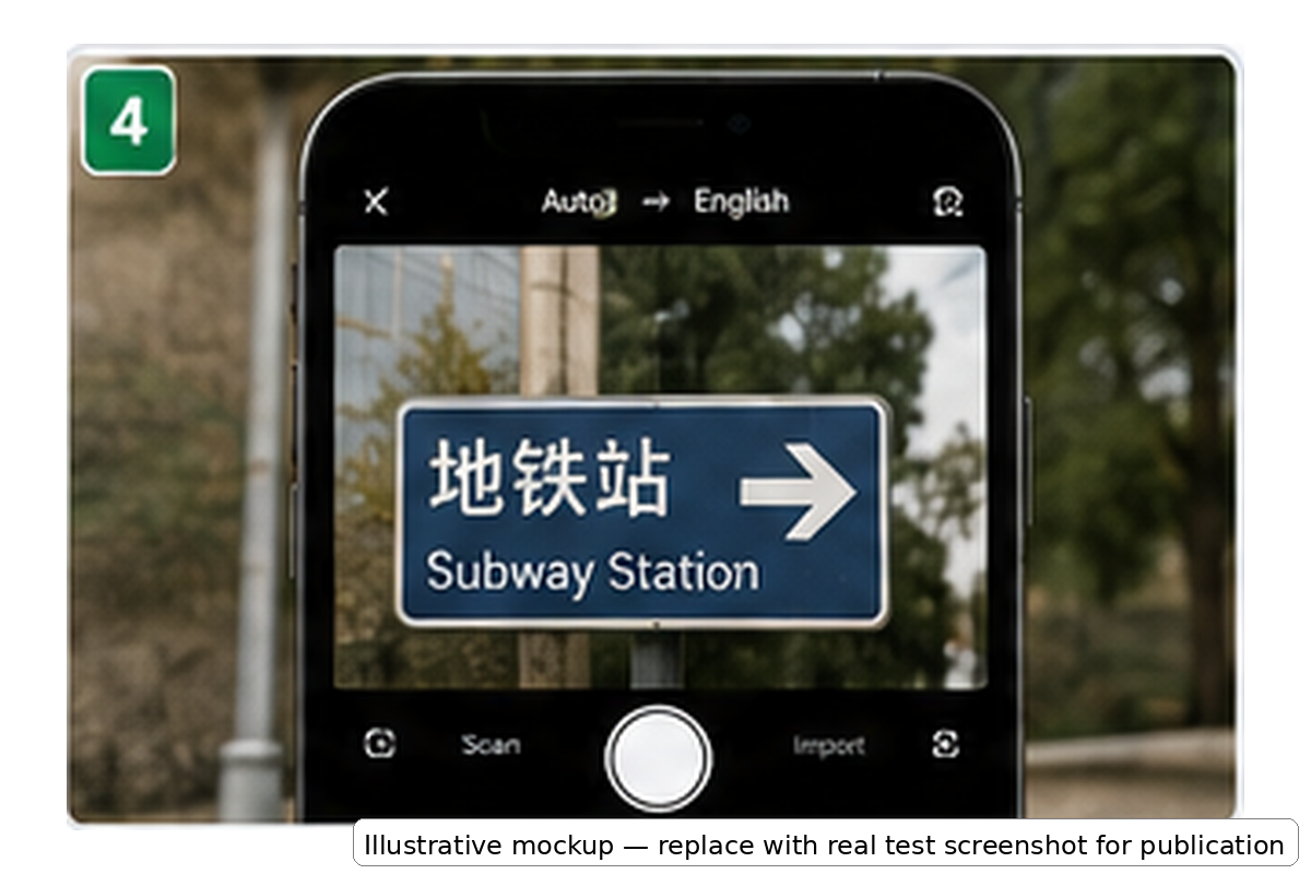 Phone camera translating a Russian street sign into English in real time
